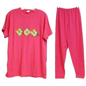 Kelly's Kids Mom Womens 2pc Outfit Shirt Pants sz M 10-12 Argyle Pink Summer Spr